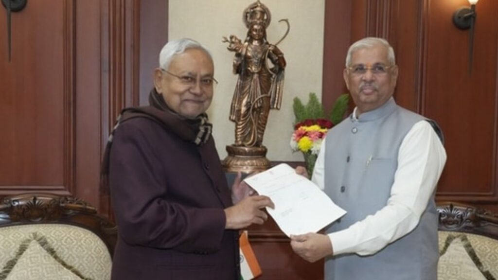 Bihar chief minister Nitish Kumar hands over resignation letter to governor Rajendra Vishwanath Arlekar.