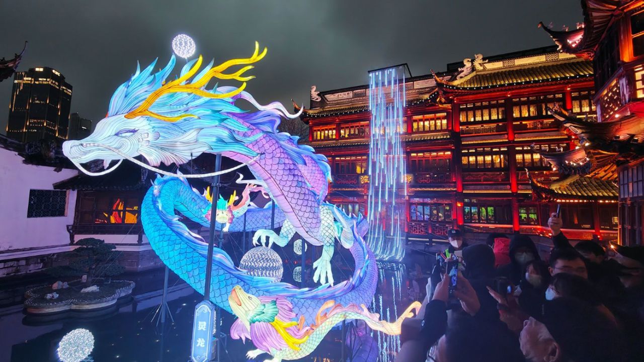 Tourists visit a Lunar New Year Lantern Festival in Shanghai on January 21, 2024. 